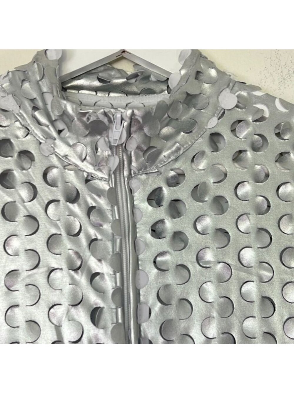 Metallic Silver Hollow Out Jumpsuit Womens Sz S Burning Man Rave Cosplay Costume - Picture 6 of 14